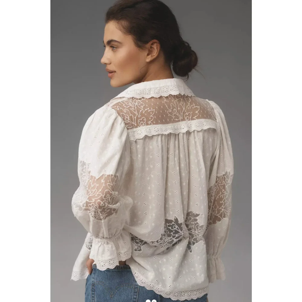 Anthropologie Ivory Mixed Lace Blouse Eyelet Sz MP Cottagecore Romantic Feminine